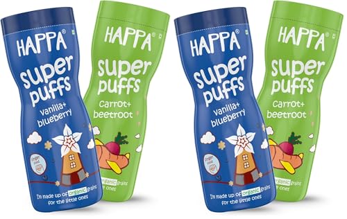 Image of Happa Organic Baby Puffs | Vanilla Blueberry and Carrot Beetroot Flavour | Made with Organic Ingredients | Melt-in-the-Mouth, Supports Self-Feeding & Baby-Led Weaning | No Artificial Flavours or Colours | Stage 2 (8 Months+) | Pack of 4 (40g Each)