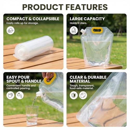 Image of Kraptick Portable Collapsible Water Storage Tank 5L Water Container with Handle and Leak-Proof Screw Cap, Reusable Foldable Drinking Water Carrier Bag for Camping & Emergency Use (Transparent)
