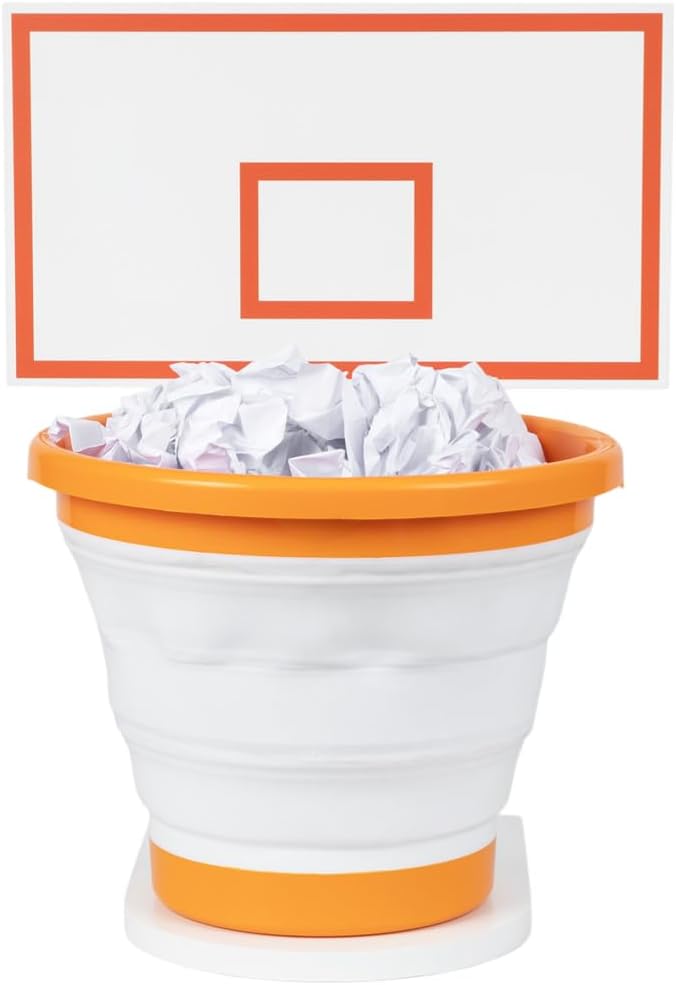 Basketball Trash Can Garbage Hoop - Complete Set with Solid Wood Backboard and Base, and Orange Basketball Garbage Can, Trash Can Basketball Bin for Kids Room, Boys Bedroom, or Office, Basketball Gift
