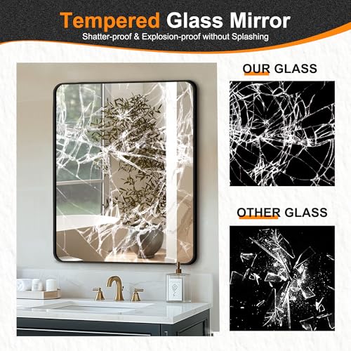 Image of Delma Bathroom Vanity Mirror, Black Framed Mirror for Over Sink, 30x24 | HD glass, distortion-free for makeup and grooming, Sturdy frame, all mounting hardware, hangs horizontal or vertical