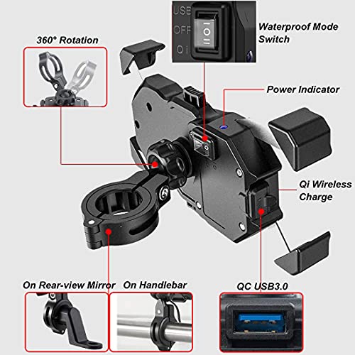iMESTOU Waterproof Motorcycle Wireless 15W Qi/ USB Quick Charger 3.0 Phone Holder 2 in 1 Mount on 22-32mm Handlebar or Rear-View Mirror Fast Charging for 3.5-6.8 inch Cellphones