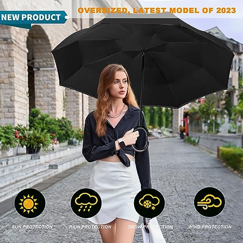 Image of MRTLLOA 40 /49 /56 Inch Oversize Windproof Inverted Reverse Upside Down Umbrella, Golf Size Rain Umbrella, Double Layer, C-Shaped Handle for Men, Women and Kids (Black, 56 Inch)