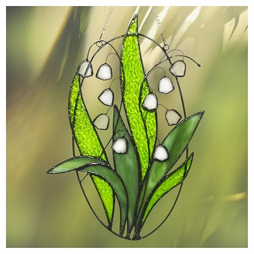 Lolitarcrafts Lily of The Valley Stained Glass Window Hanging, Handmade Real Glass Suncatcher with Metal Chain, Plant Lover Gifts Mother Birthday Flower for Women,Men,Wife, Lovers, and Mom (Black)