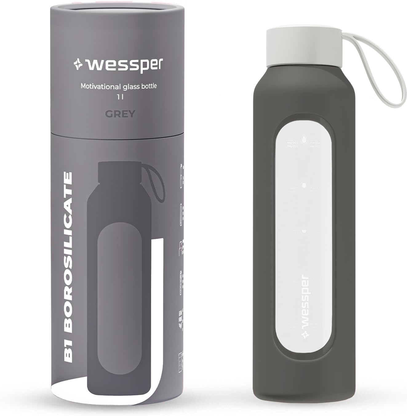 Wessper Glass Water Bottle 1L with Silicone Sleeve, Borosilicate Glass, Time Marker, BPA-Free, Reusable Sports Bottle for Gym, School, Office – Grey