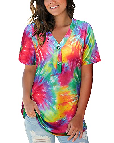 tie dye shirt women v neck - LAISHEN Women's Basic V Neck Button Tie Dye Shorts Sleeve T Shirts Summer Casual Loose Tee Tunic Tops(Tie dye2,L)