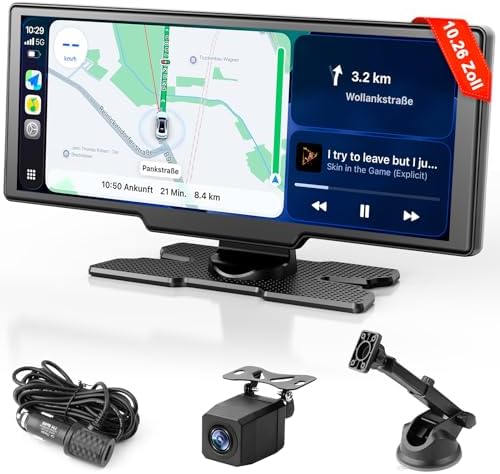Carplay Display für Apple Car Play Android Auto 10,26 Zoll Tragbares Wireless CarPlay mit 1080P Rückfahrkamera, Bluetooth 5.2 Sprachsteuerung Mirror Link AUX FM, GPS Navigation, un