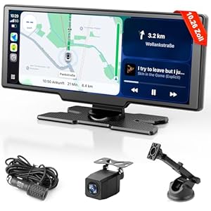 Carplay Display für Apple Car Play Android Auto, 10,26 Zoll Tragbares Wireless CarPlay mit 1080P Rückfahrkamera, GPS Navigation, Bluetooth 5.2 Sprachsteuerung Mirror Link AUX FM, unterstützt TF Karte