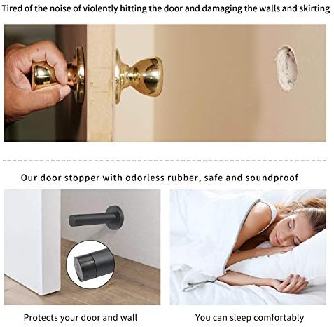 DOKU 3.5 Inch Door Stop, 3Pcs Heavy Duty 304 Stainless Steel Door Stopper with Rubber Tips Bumper, Wall Mounted Door Holder Protection Sound Dampening, Matte Black