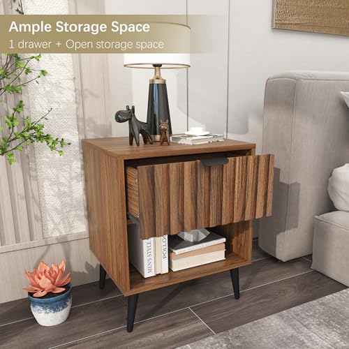 Furnivado Fluted Nightstand Set of 2, Natural Wood Nightstand with Drawer and Open Storage, Mid Century Fluted Side Table Modern Bedside Stand with Wood Veneer for Bedroom, Office, Brown