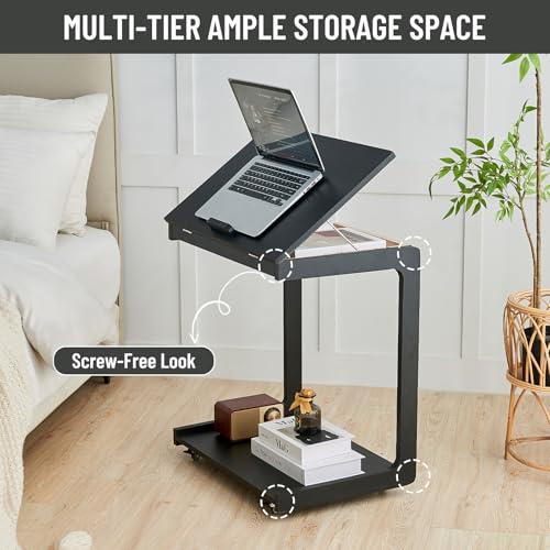 Image of Uniclinens Rolling Side Table, C Shape Couch End Table with Wheels, Mobile Wooden Sofa Tray,Movable Small Couch Desk for Bedroom Living Room, Black