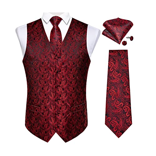 Image of DiBanGu Mens Vest and Tie Set Formal Paisley Waistcoat and Necktie Pocket Square Cufflinks Silk Suit Vest for Tuxedo Wedding