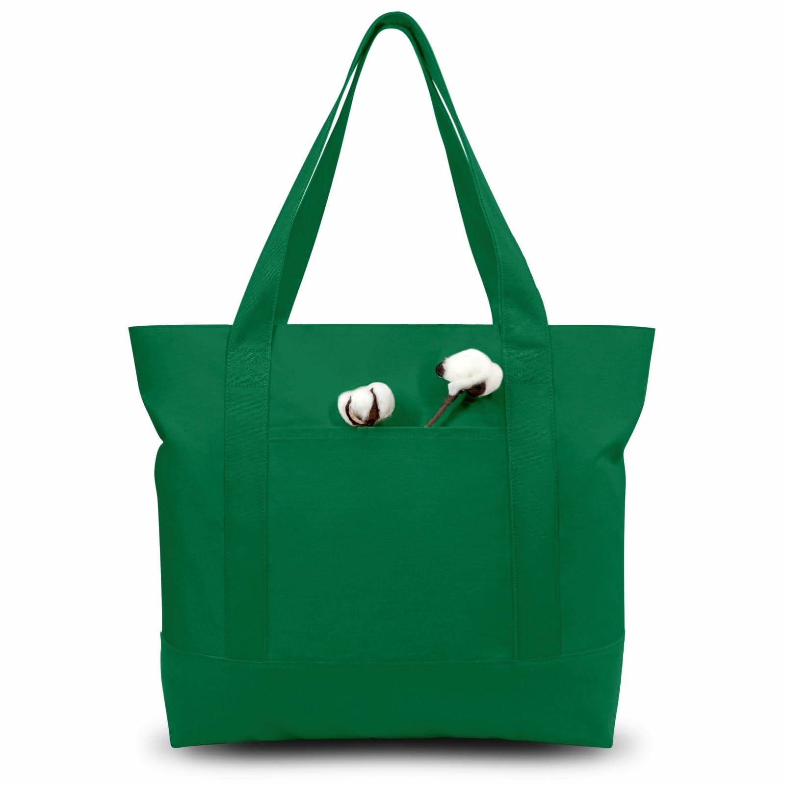 TOPDesign 3-Pack Canvas Tote Bags with an External Pocket, Reusable Grocery Shopping Bags, Top Zipper Closure, Daily Essentials (Green) Green 3