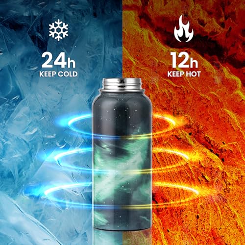 Image of RAYMYLO Insulated Water Bottle 32 oz, Triple Wall Vacuum Stainless Steel (Cold for 24Hrs, Hot for 12Hrs), Leak Proof & Non-BPA, Modern Water Flask Jug with Paracord Handle & Straw Spout Lids