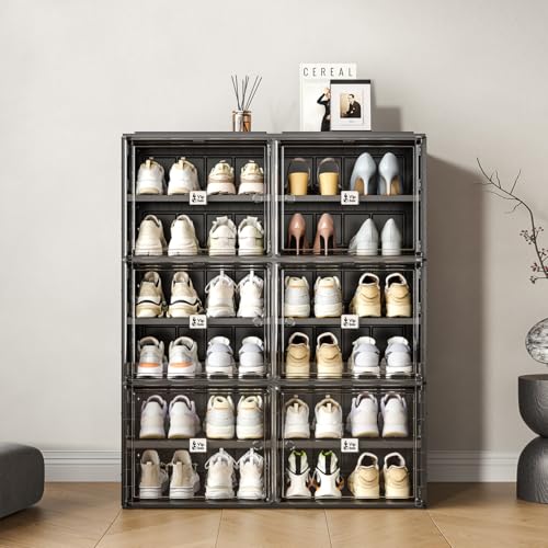 Image of Vipbox Black Shoe Rack Organizer Cabinet for Closet Entryway,Clear Shoe Storage Boxes Stackable Sneaker Storage with Door Easy Assembly Shoe Cabinet with Lids Large 6 Tiers 24 Pairs