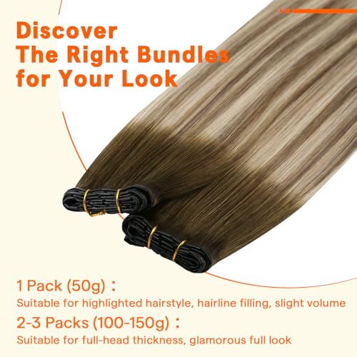 Image of Full Shine Butterfly Weft Hair Extensions Human Hair 16 Inch 50G | Balayage Olive Brown to Ash Brown with Blonde Highlights, Double Sided Weft, Invisible Micro Beads, Human Hair, Seamless Fit