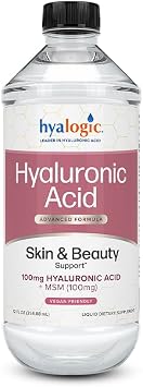 Hyalogic Liquid Hyaluronic Acid Supplement - Ingestible Skin Support with 100mg HA and 100mg MSM - Natural Hydration for the Face, Eyes and Lips - High Molecular Weight Formula - 12 oz
