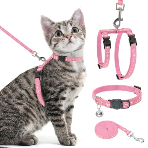 PAWCHIE Cat Harness with Leash and Collar Set – Escape Proof Adjustable H-shped Cat Harness with Star and Moon Pattern Glow in The Dark for Kitty Outdoor Walking