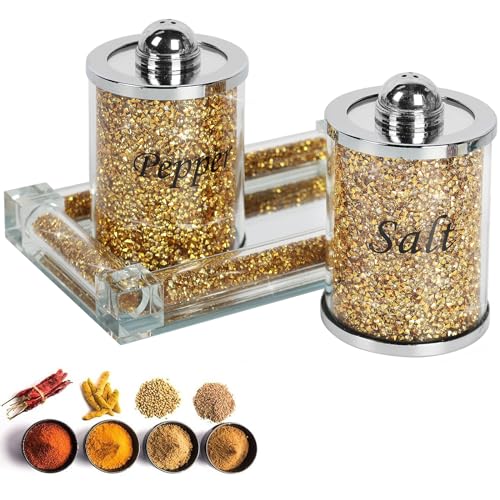 Crystal Salt and Pepper Shakers Set with Tray,Sparkly Crystal Crushed Diamond House Decor for Kitchen,Bling Salt Pepper Jar Container Pot for Countertop,Elegant kitchen salt cabinet,Gold