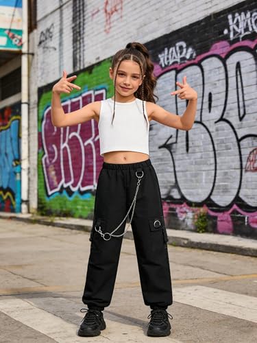 Image of Girls 2 Piece Outfit Set for Tween Girls, Sleeveless Crop Tank Top & Cargo Pants Jogger Set
