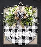 spring wreath for Front Door,Black and White Buffalo Plaid Kitchen Decor w/ Light,Welcome Sign for f