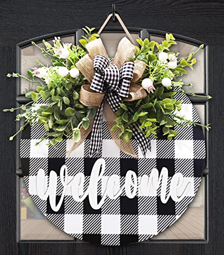 Spring Wreath For Front Door,Black And White Buffalo Plaid Kitchen Decor W/ Light,Welcome Sign For Front Door,Buffalo Check Spring Summer Decor,Farmhouse Wall Decor,Housewarming Gift,Porch Wooden Door Hanging Decor-12Inch #TOP7