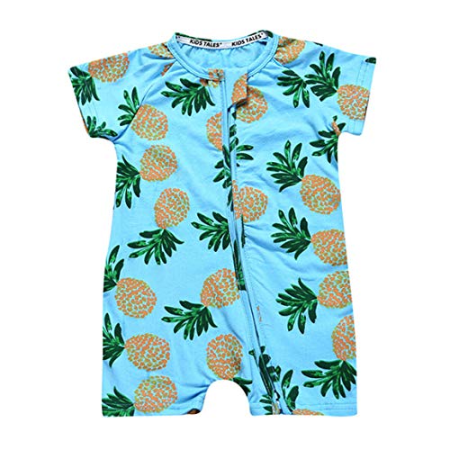WINZIK Toddler Baby Boy Girl Zipper Pajamas Summer Short Sleeve Cotton One-Piece Bodysuit Romper for 3M-3Y (Tag 80 for 12-18M, Pineapple-Blue)