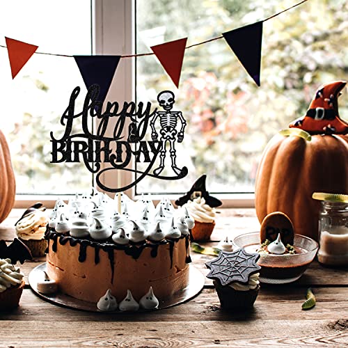 Glitter Skeleton Happy Birthday Cake Topper - Halloween Theme Happy Birthday Party Decor,Birthday Party Decoration Supplies Black #TOP2
