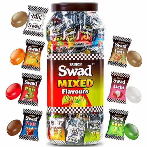 Image of Swad Mixed Assorted Candy Jar (Kaccha Mango, Imli, Coffee, Cola, Pan, Orange) Digestive & Tasty Masala Toffee | Indian Sweets, 200 Candies Jar