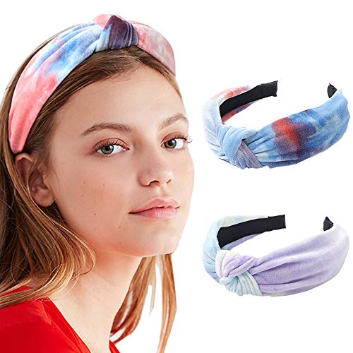 Campsis Fashion Tie Dye Knot Headbands Blue Knotted Hair Hoops Elasitc Criss Cross Headwear for Women and Girls Pack of 2