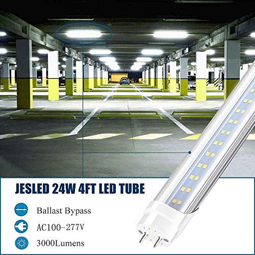 JESLED T8 T12 4FT LED Tube Light Bulbs, 24W 6000K-6500K, 3000LM, 48 Inch LED Replacement for Flourescent Tubes, Ballast Bypass, Dual-end Powered, Clear, 4 Foot Garage Warehouse Shop Lights (12-Pack)