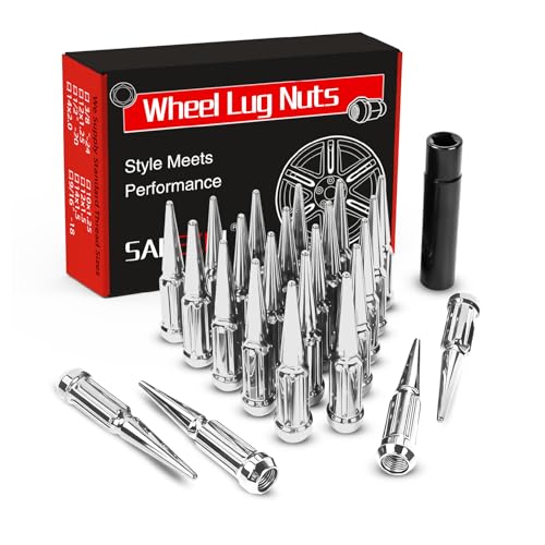 SAREKIN M14x1.5 Spike Lug Nuts Spline Spiked Lug Nut with Key for Dodge Ram 1500 Toyota Tundra Chevrolet Tahoe 2000-2024 Ram 2500 1994-2024 Acorn Solid Metal Truck Lug Nut(24Pcs Chrome)