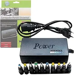 Adaptador Carregador Universal De Notebook Fonte Universal 120W, chave seletora 12V a 24V, com 9 Plugs e Cabo de Força Bivolt