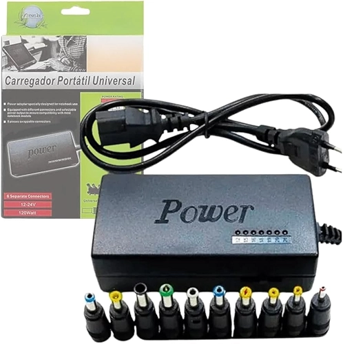 Adaptador Carregador Universal De Notebook Fonte Universal 120W, chave seletora 12V a 24V, com 9 Plugs e Cabo de Força Bivolt