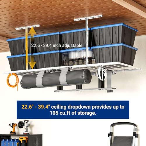 Image of FLEXIMOUNTS 4x8 Overhead Garage Storage Rack with 6 Hooks, 2 Pack, White