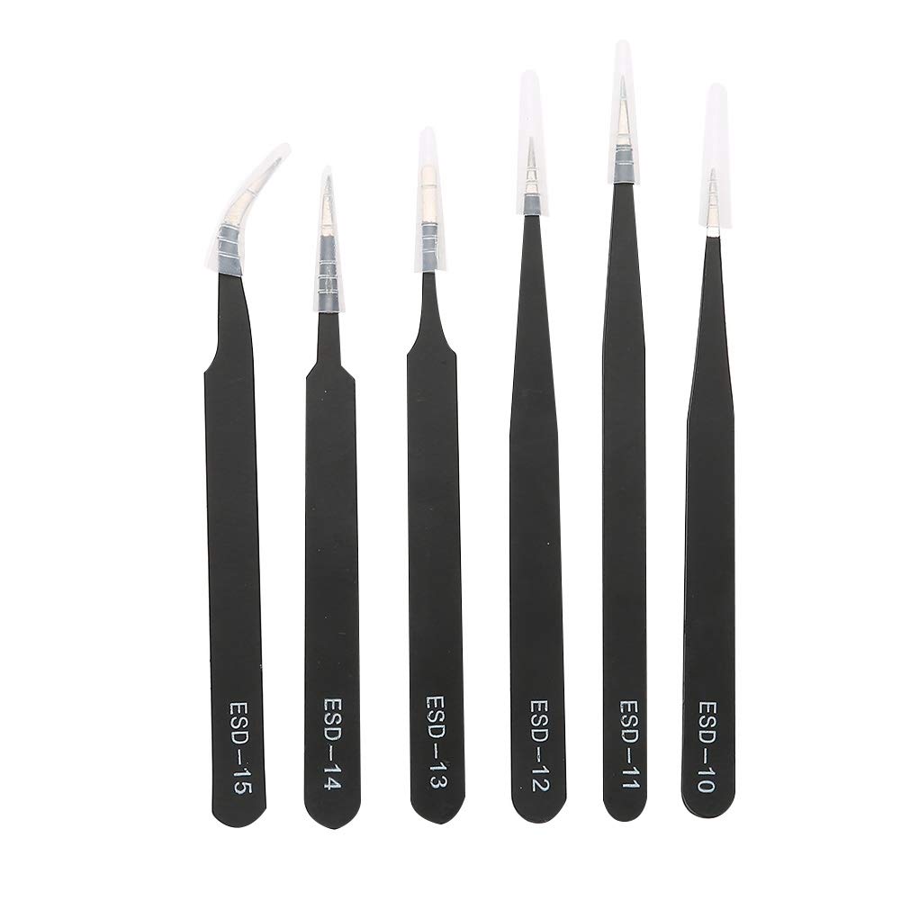 Ensemble de pincettes de précision de 6 pièces, pinceau en acier inoxydable anti-statique avec poignée ergonomique et housses de pointe pour les bijoux, laboratoire