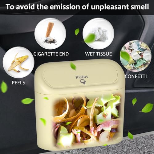 Image of Accmor Car Trash Can, Portable Vehicle Trash Bin with Lid, Car Dustbin Garbage Organizer Holder with One Roll Trash Bag, Leakproof Hanging Mini Cars Storage Bag Container for Auto, SUV, Office (Beige)
