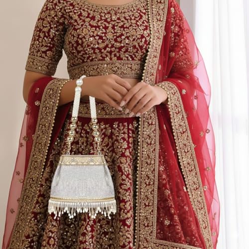 Image of Nevis PU Silk Fabric Women's Embellished Potli Bag with Pearl Handle & Fringe Detailing | Designe Wedding & Festive Handbag