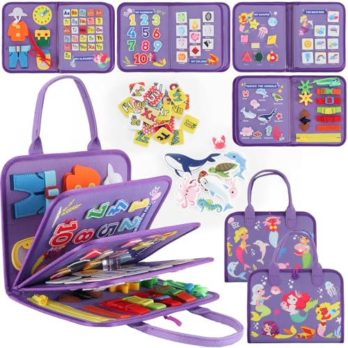 Image of Montessori Busy Board for Toddlers 3-6, Soft Sensory Activity Book with Life Skills, Cognition, Sorting, Matching, Travel Toys for Airplane Car, Gift for Girls Boys 3+ Years Old (Mermaid)