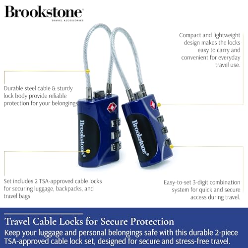 Image of Brookstone Cable Lock - 2 Pack 3-Digit Keyless TSA Approved Locks for Luggage - Resettable Combination Luggage Lock, Size One Size, Blue