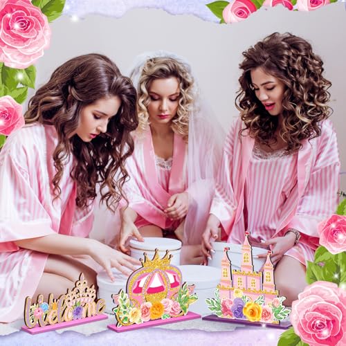 Image of 6 Pcs Princess Party Centerpieces Floral Wooden Princess Theme Table Decorations Castle Crown Carriage Pink Gold Topper Decors for Girls Birthday Spring Party Flower Baby Shower Home Indoors