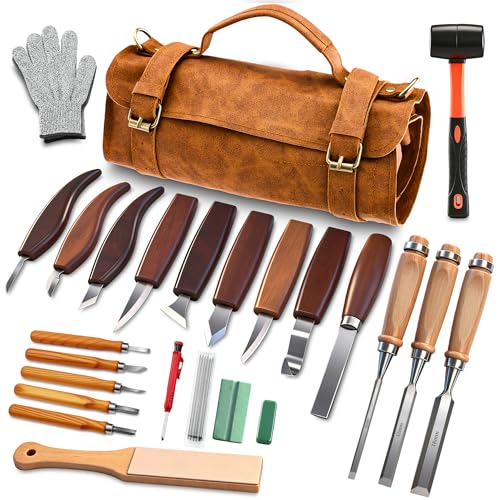 SakerNeo Deluxe Wood Carving Kit, 25 Piece Wood Carving Tools with Thick Leather Storage Bag,Wood Whittling Tools -Ideal Woodworking Tools and Hobbies for Beginners Enthusiasts Gift DIY