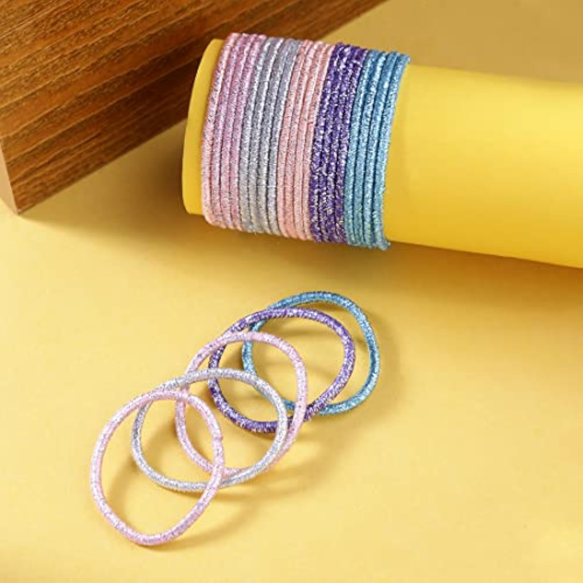 100 Pcs Glitter Hair Rubber Bands Set with Tin Box