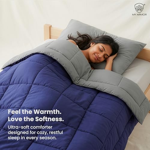 Image of MY ARMOR 220 GSM Reversible Comforter for Single Bed | Microfiber Quilt /Duvet /Blanket for AC & Winter | Soft, Lightweight & Breathable Comforter (60 x 90 Inch, Grey & Navy Blue)