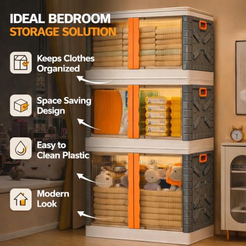 Image of BAMEOS ๐ ๐๐๐๐๐ Foldable Plastic Storage Cabinet with Double Transparent Doors | Dustproof Storage Organizer for Clothes, Toys, Books & Baby Essentials | Multipurpose Wardrobe Storage for Home