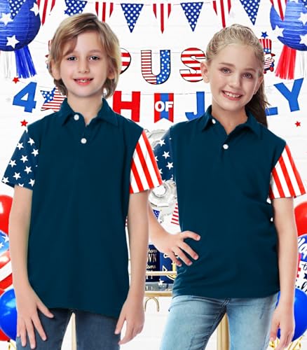 Image of AOBUTE Kids 4th of July Polo American Flag Short Sleeve Button Down Shirts Tops 3-14 Years