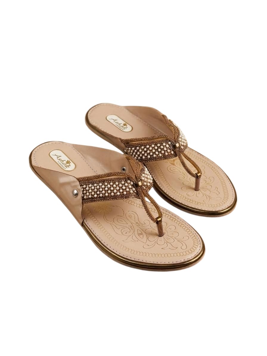 Leather Kolhapuri Flats for Women | Slip-On Flat Sandals with Comfortable Footbed & Durable Sole | Open-Toe Casual Footwear for Festive Occasions & Traditional, Western Outfits (Beige)-image-6