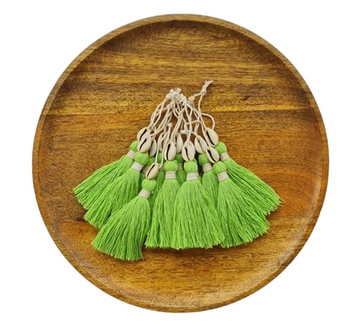 Image of Zippy Flora Handmade Cotton Tassels with Cowrie Shells for DIY & Crafts Project, Pack of 10 (Parrot Green)