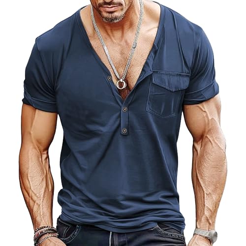 Men Quarter Button Short Sleeved T Shirt Classic Cozy Thin Henry Collar Shirt Summer Loose Fake Pocket Pullover Top (Blue,Large)