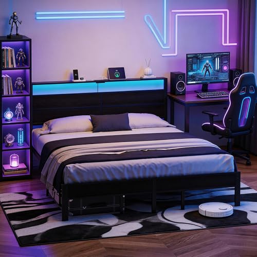 Image of King Size Bed Frame with LED Lights and Charging Station | Black Metal Platform Bed with Wood StorageHeadboard, Sturdy Slats, No Box Spring Needed, Noise Free, Easy Assembly