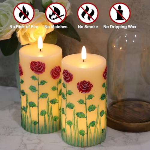 Image of Roses Flower Flameless Candles Battery Operated with 6 Hour Timer 3D Wick Flickering LED Pillar Candles Real Wax Hand-Painted Dinner Christmas Holiday Decor(2 Pack, 3 inch D x 6.5 inch H)